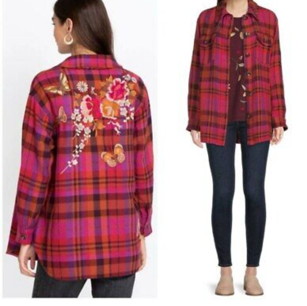 Johnny Was Plaid Embroidered Shirt Jacket Xl